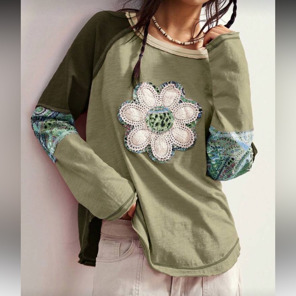 Plus Size Cotton Boho Patchwork Long Sleeve Loose Washed Graphic T-Shirt Green